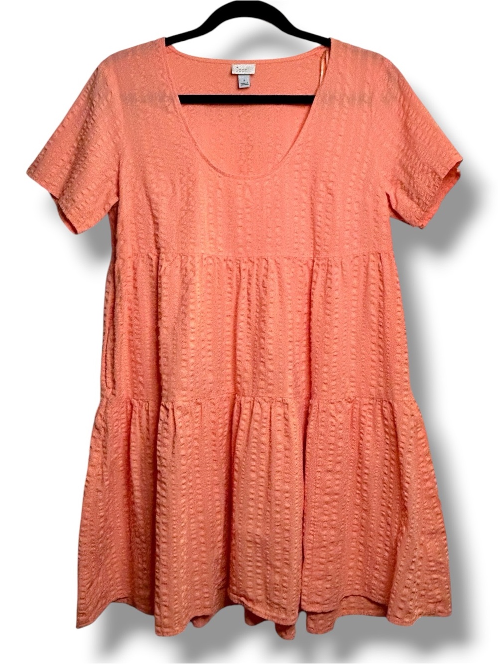 100% Cotton Tiered Mini Dress Coral Peach Textured Babydoll Tunic Soft Pockets S